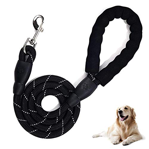 REYOK Correas para Perros 5 Feet con Mango Acolchado y Hilos Altamente Reflectantes Correa de Perro Fuerte Nylon,para Perros Medianos y Grandes Correr/Senderismo/Caminar(Negro)