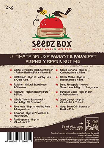 SeedzBox Mezcla Premium semillas y frutas para agapornis, ninfas y loros. Comida equilibrada –con plátano, pipas de calabaza, cacahuetes y avena. Alta calidad y saludable. Aceites y fibra. Bolsa 2kg