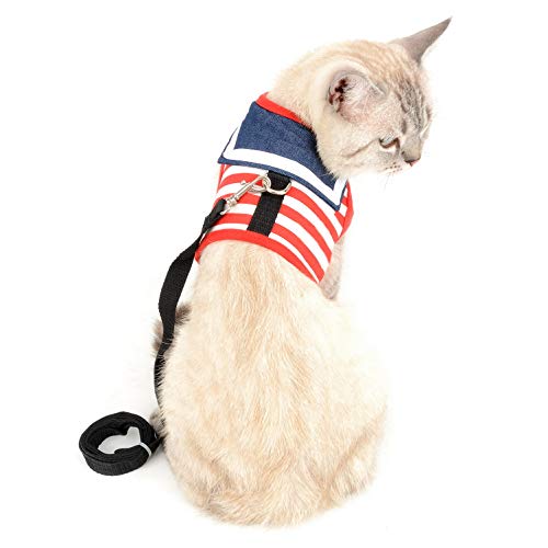 SELMAI Arnés Gato Pequeño con Correa Raya Malla Suave Acolchado Arneses para Perros Antiescape Antifugas Adjustable Arneses Tipo Chaleco Cachorros Correa para Gatito Yorkshire Caminar Rojo L