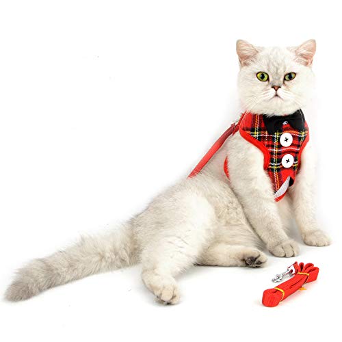 SELMAI Tartán Arnés Gato con Correa Malla Suave Antiescape Arneses Tipo Chaleco para Cachorros Gatito no Pull Arnés Perro Pequeño Acolchado Chihuahua Caminar Chaqueta Smoking Corbata de Lazo Rojo M