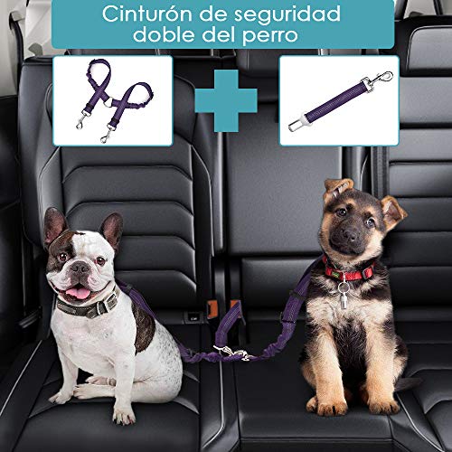 SlowTon Cinturón de Seguridad de Coche para Perros Doble cinturón de Seguridad con Correa, Ajustable Tira Reflectante cinturón de Seguridad (Púrpura, Correa de Perro Doble y Correa para Perros)