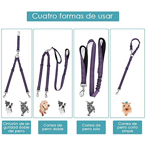 SlowTon Cinturón de Seguridad de Coche para Perros Doble cinturón de Seguridad con Correa, Ajustable Tira Reflectante cinturón de Seguridad (Púrpura, Correa de Perro Doble y Correa para Perros)