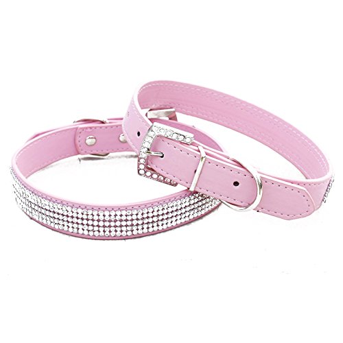 SODIAL(R) Bling de cuero del Rhinestone lleno de mascotas de la PU del diamante para el gato perro perrito Collares (Rosa, L: tamano de cuello de 14 "-18")