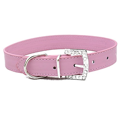 SODIAL(R) Bling de cuero del Rhinestone lleno de mascotas de la PU del diamante para el gato perro perrito Collares (Rosa, L: tamano de cuello de 14 "-18")