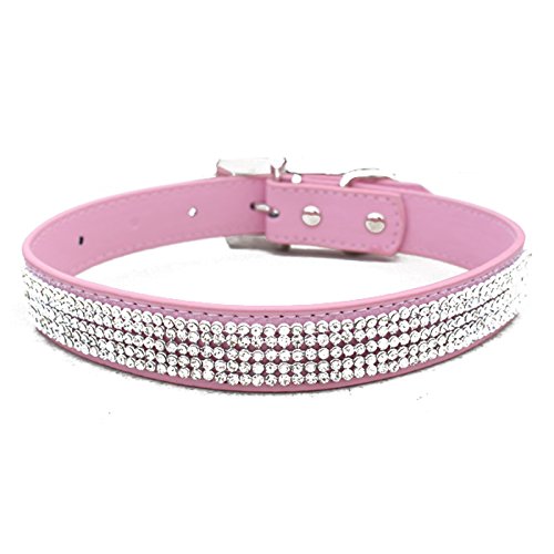 SODIAL(R) Bling de cuero del Rhinestone lleno de mascotas de la PU del diamante para el gato perro perrito Collares (Rosa, L: tamano de cuello de 14 "-18")