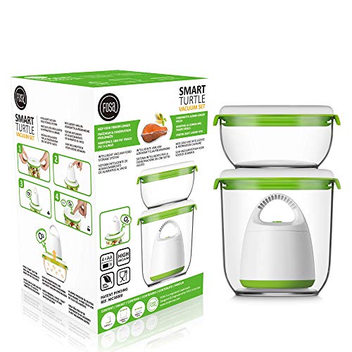 Starter Kit de FOSA – Innovador sistema patentado de envasado al vacío doméstico, automático e inalámbrico – Conserva cualquier alimento más tiempo – 1 envasadora compacta + 2 recipientes premium