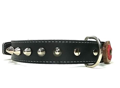 Superpipapo Original Collar para Perro de Cuero Negro con Pinchos, Todas Las Tallas, Correa Opcional, Diseño Original Artesano con Olivo y Cuero Rojo, Grande, 55 cm X: Cuello 40-45 cm, Ancho 28mm