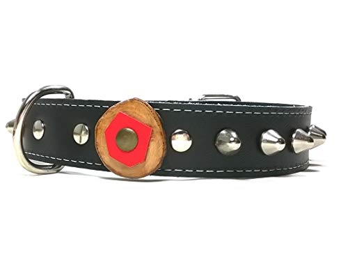 Superpipapo Original Collar para Perro de Cuero Negro con Pinchos, Todas Las Tallas, Correa Opcional, Diseño Original Artesano con Olivo y Cuero Rojo, Grande, 55 cm X: Cuello 40-45 cm, Ancho 28mm