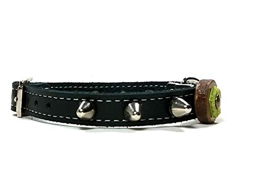 Superpipapo Original Collar para Perro de Cuero Negro con Pinchos, Todas Las Tallas, Correa Opcional, Diseño Original Artesano con Olivo y Cuero Verde, Grande, 55 cm X: Cuello 40-45 cm, Ancho 28mm