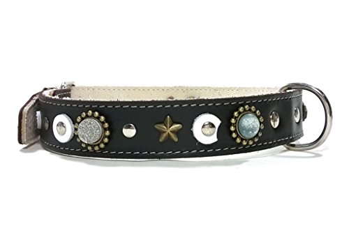 Superpipapo Original Collar para Perros, Todas Las Tallas, Correa Opcional, Piedras de Joyería de Fantasía y Piezas de Cuero en Forma de Luna, Grande, 55 cm X: Cuello 40-45 cm, Ancho 28mm