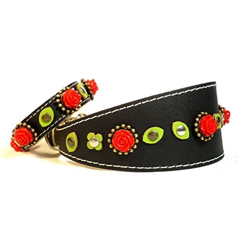 Superpipapo Set Collar Ancho para Galgo, Podenco, Whippet y Teckel, con Pulsera a Juego, Correa Opcional, Diseño Negro y Gótico con Rosas Rojas y Hojas Verde, 40 cm Galgo: Cuello 29-34 cm, Ancho 55mm