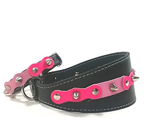 Superpipapo Set Collar Ancho para Galgo, Podenco, Whippet y Teckel, con Pulsera a Juego, Correa Opcional, Extravagante Rosa Fucsia Negro con Pinchos, 40 cm Galgo: Cuello 29-34 cm, Ancho 55mm