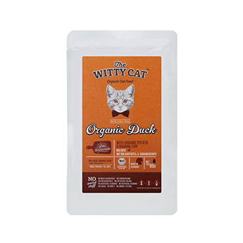 THE WITTY CAT - Alimento para Gatos húmedos 100% ORGÁNICO Certificado - Pato (96%) con Patata & Chips de Plátano, Bolsas 22 x 85 g. (una Sola proteína)