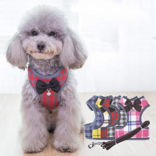 Tineer Pet Dog Plaid Bow Tie arnés Chaleco con Correa de Nylon para Cachorro de Gato Caminando o entrenando (M, Rosado)