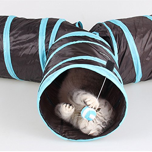 TOOGOO Tunel de gato de 3 maneras Juego de gato plegable para mascotas Tunel con Bola que suena, Tubo de diversion espacioso para Gato Perrito Gatito Azul + Negro