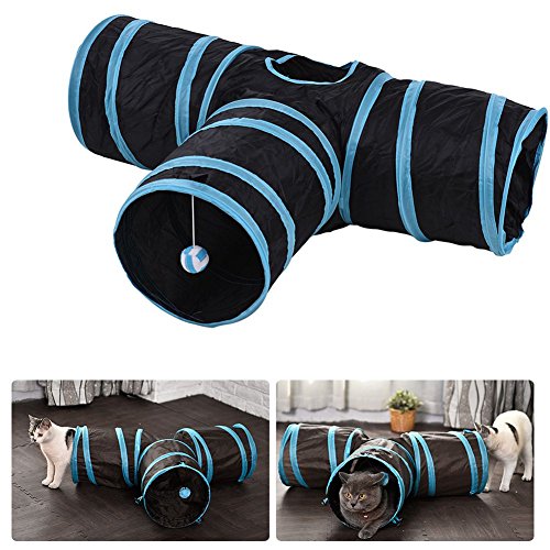 TOOGOO Tunel de gato de 3 maneras Juego de gato plegable para mascotas Tunel con Bola que suena, Tubo de diversion espacioso para Gato Perrito Gatito Azul + Negro