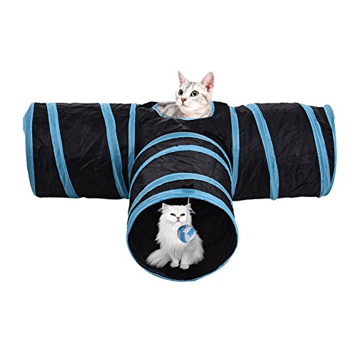 TOOGOO Tunel de gato de 3 maneras Juego de gato plegable para mascotas Tunel con Bola que suena, Tubo de diversion espacioso para Gato Perrito Gatito Azul + Negro