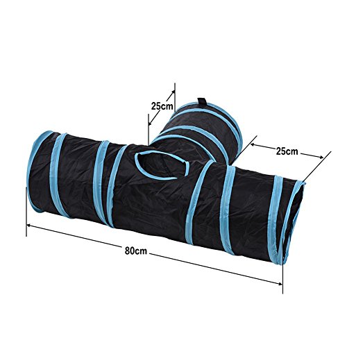 TOOGOO Tunel de gato de 3 maneras Juego de gato plegable para mascotas Tunel con Bola que suena, Tubo de diversion espacioso para Gato Perrito Gatito Azul + Negro