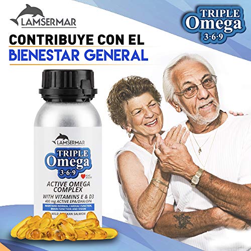 Triple omega 3, 6, 9 + EPA/DHA/DPA + vitamina E y D3 | Aceite de pescado salmón salvaje suro y natural | Favorece la salud cardiovascular y mejor los niveles de colesterol | 120 perlas de omega 3