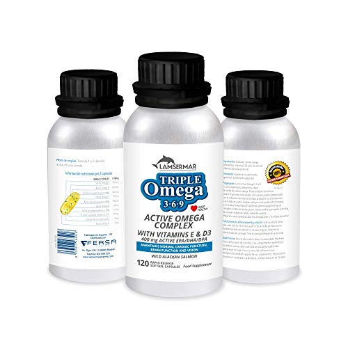 Triple omega 3, 6, 9 + EPA/DHA/DPA + vitamina E y D3 | Aceite de pescado salmón salvaje suro y natural | Favorece la salud cardiovascular y mejor los niveles de colesterol | 120 perlas de omega 3