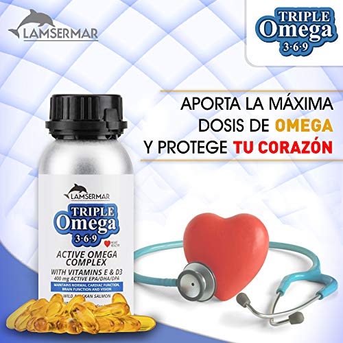 Triple omega 3, 6, 9 + EPA/DHA/DPA + vitamina E y D3 | Aceite de pescado salmón salvaje suro y natural | Favorece la salud cardiovascular y mejor los niveles de colesterol | 120 perlas de omega 3