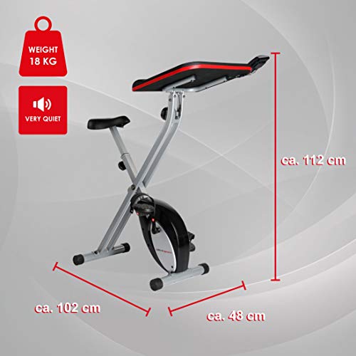 Ultrasport F-Bike Work Bicicleta estática de fitness con estación de trabajo, aparato doméstico, con consola y sensores de pulso en manillar, plegable, Plata/Negro