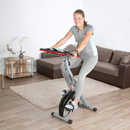 Ultrasport F-Bike Work Bicicleta estática de fitness con estación de trabajo, aparato doméstico, con consola y sensores de pulso en manillar, plegable, Plata/Negro