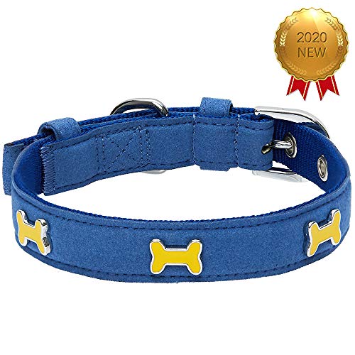 UMI. Essential Designer - Collar para Perros con Adorable Estampado de Huesos y Hebilla metálica L, Cuello 43-52 cm (Azul Oscuro)