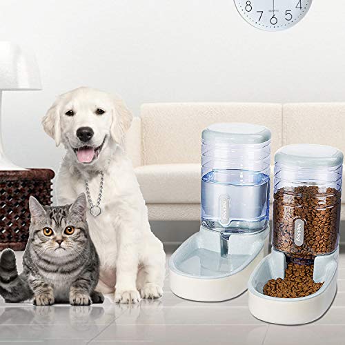 UniqueFit Pets Gatos Perros Riego automático y alimentador de Alimentos 3.8 L con 1 * dispensador de Agua y 1 * alimentador automático para Mascotas (Gris)