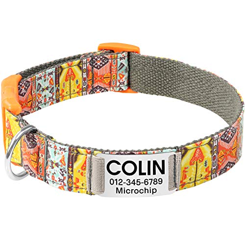 Vcalabashor Collar de Perro Personalizado, Placa de Acero Inoxidable grabada con Nombre y Número de Teléfono del Perro,Caqui Grande