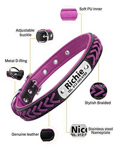 Vcalabashor Nombre Vcalabashor personalizado collar de perro de piel / cuero trenzado genuino plateado collares de perro 23.5-30cm Violeta / Negro