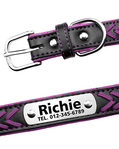 Vcalabashor Nombre Vcalabashor personalizado collar de perro de piel / cuero trenzado genuino plateado collares de perro 23.5-30cm Violeta / Negro