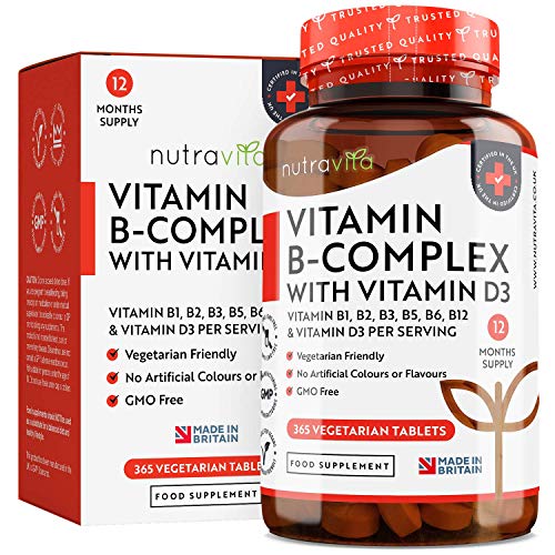 Vitamina B Complex con Vitamina D - 365 Tabletas Vegetarianos (Suministro para 365 Días) - Dosis Altas de 8 Formas de Vitaminas B y Vitamina D3 - Elaborado en el Reino Unido por Nutravita