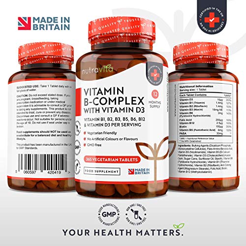 Vitamina B Complex con Vitamina D - 365 Tabletas Vegetarianos (Suministro para 365 Días) - Dosis Altas de 8 Formas de Vitaminas B y Vitamina D3 - Elaborado en el Reino Unido por Nutravita