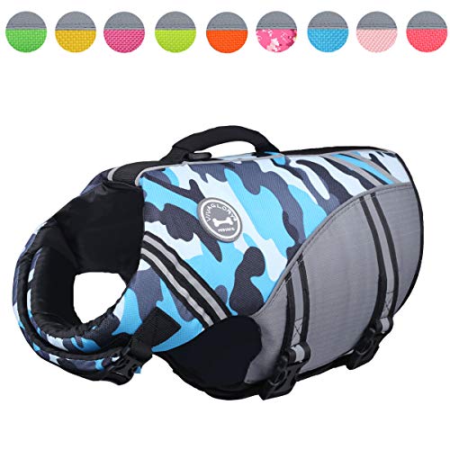 VIVAGLORY Chaleco Salvavidas para Perros Deportivo, Perros Seguridad Natación Ropa, Azul Camuflaje, L