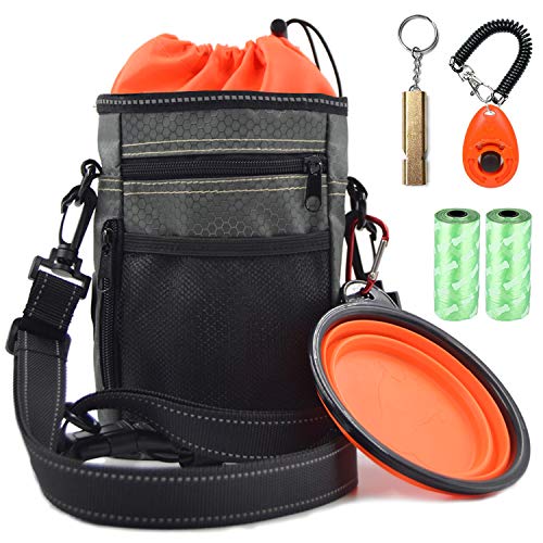 Vivi Bear Dog Treat Kit de bolsa reflectante con soporte de bolsa de caca Doggie Clicker Entrenamiento Silbato Comedero plegable Bolso de hombro impermeable Bolso de juguete para alimentador de perros