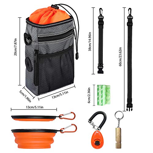 Vivi Bear Dog Treat Kit de bolsa reflectante con soporte de bolsa de caca Doggie Clicker Entrenamiento Silbato Comedero plegable Bolso de hombro impermeable Bolso de juguete para alimentador de perros