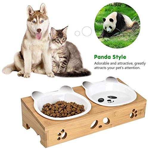 WCJ Gato Cuenco Cuenco Doble del Gato con el Soporte Criado Alimentos for Mascotas Cuenco perfectos for Gatos y Perros pequeños, bambú + Cerámica