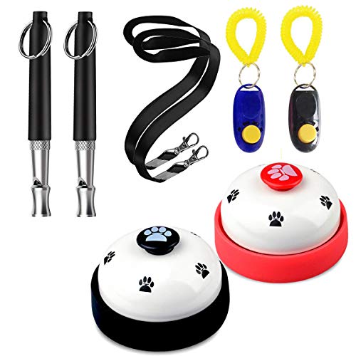 WENTS Set de entrenamiento para mascotas - 2 silbatos ultrasónicos para perros con cordón + 2 Clickers para perros con muñequera + 2 bells, la forma segura y humana de entrenar a tu mascota