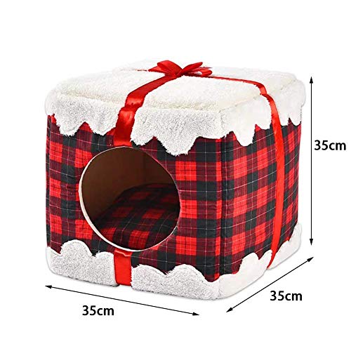 XHPWW Casa para Mascotas y sofá, Cama Nido de Gato navideño, Lavable a máquina, Antideslizante, Perro cálido Suave, Gato, Cachorro, Conejo, Nido para Mascotas, casa Cueva con cojín extraíble, 35 * 35