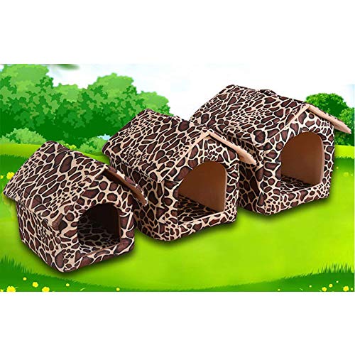 XHPWW Dog Cat House, portátil Plegable Interior al Aire Libre Dog Cat House Nest Calentador a Prueba de Viento, Suave y cómodo Refugio de habitación de Cama (Color: Leopardo)-L