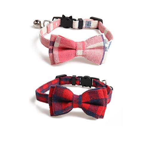 Yih Vane 2 Piezas de Corbata de Lazo y Cuello de Gato a Cuadros clásico con Cuello Ajustable de Campana para Perros pequeños y Gatos - Rojo y Rosa