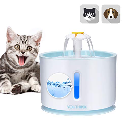 YOUTHINK Bebedero Gatos, 2.4L Fuente de Agua del Gato Ultra silenciosa, automática y Saludable con Nivel de Agua LED con 1 Filtro de Fuente para Gato y Perro