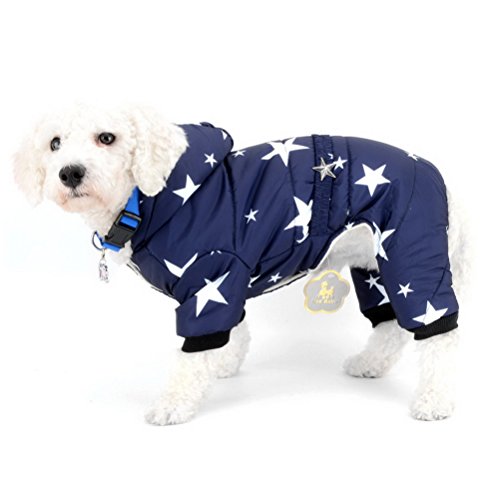 Zunea pequeño Perro Abrigo de Invierno Forro Polar con Capucha Mascota Traje de Nieve Pijamas Estrellas cinturón Perrito Gato Perro Ropa Chihuahua Trajes de Ropa Azul S