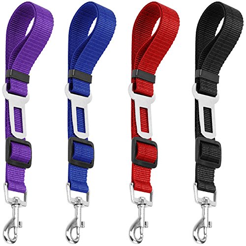 4 Pack cinturón de seguridad ajustable perro de mascota gato, yucool seguridad Leads vehículo coche arnés asiento Tether, nailon textil negro, azul, rojo, morado