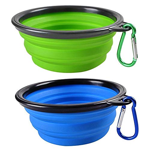 Amaoma Bebedero Perro Portatil Plegable Comedero Perro de Viaje Silicona Comederos para Perros Gato con Mosquetón Plegable de Viaje Plato Recipiente para Perros 2 Piezas Azul y Verde