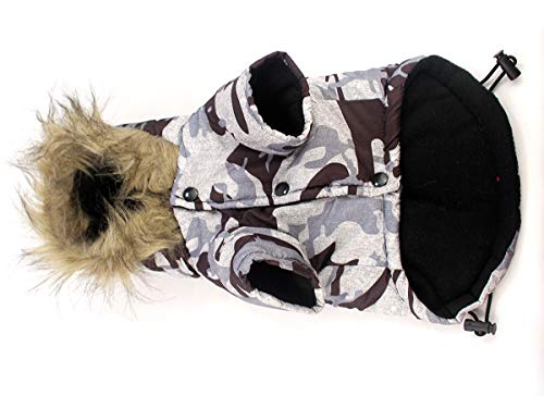 Babydog Abrigo Chaleco para Perro con Capucha, Forro Polar y Mangas, Cierre Corchetes, Modelo Camuflaje Militar (M, Marron Gris)