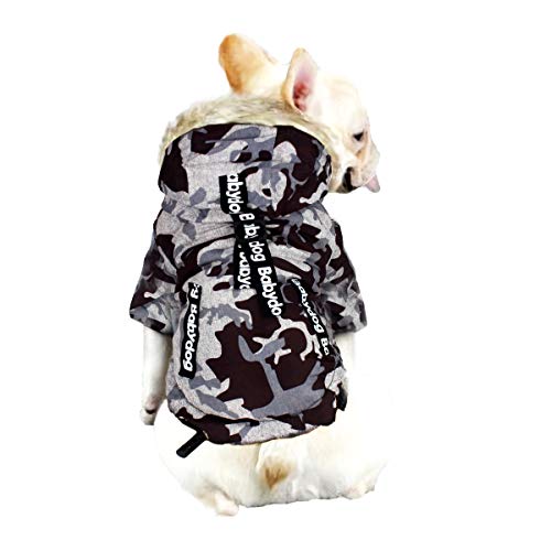 Babydog Abrigo Chaleco para Perro con Capucha, Forro Polar y Mangas, Cierre Corchetes, Modelo Camuflaje Militar (M, Marron Gris)