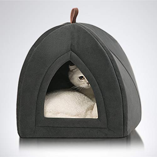 Bedsure Cama/Cueva Gato con Cojín Desenfundable Lavable - Casa para Gatos Antideslizante - Camas para Perros Pequeños 35x35x38cm,Gris Oscuro