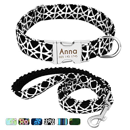 Beirui Collar Perro Personalizado con Hebilla de liberación rápida – Collares para Perros Personalizados con Patrones Florales – Black White Grid Collar y Correa Perro - S(10-15.5"Cuello)